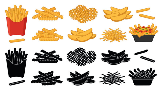 Set of vector collection featuring different crispy french fries variations, classic french fries, crinkle cut fries, waffle fries, steak fries, shoestring fries, loaded crispy fries