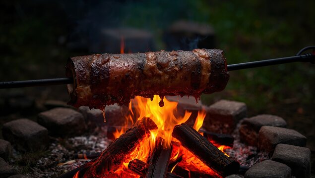 Deliciously roasted meat on a spit over an open fire, glowing embers, and warm orange flames