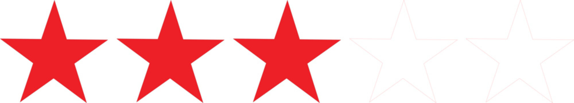 Five-star rating icon for reviews, red color, feedback labels, quality badges, and graphic design overlays