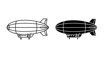 Zeppelin and Blimp Iconography: A graphic representation of a zeppelin and a blimp, showcasing distinct outline and solid silhouette styles, perfect for illustrating airships and aerial travel. © Mahbuba