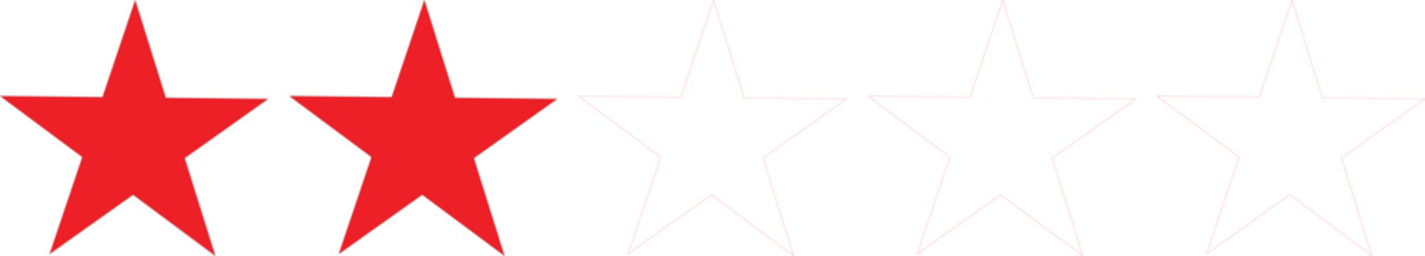 Five-star rating icon for reviews, red color, feedback labels, quality badges, and graphic design overlays