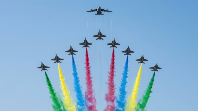 National Day Military jet formation flying in a V-shape with vibrant smoke trails against a clear blue sky for an air show celebration