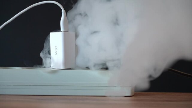 White charger plugged into power strip. Thick smoke rises from device. Dark backdrop emphasizes danger. Wooden surface shows home setup. Electrical overload visual for safety warnings