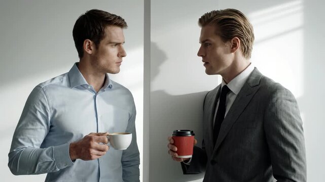 Two Businessmen Having Serious Conversation While Holding Coffee Cups in Modern Office