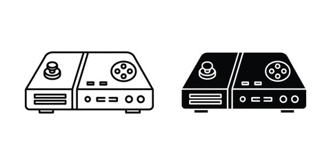 Retro game console featuring joystick and buttons in outline and solid black styles gaming © RafikulStock