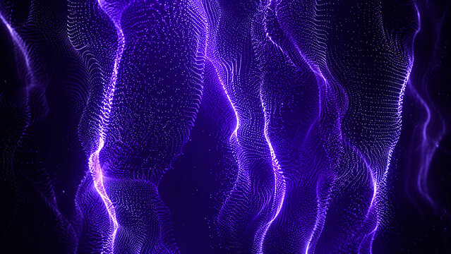 Abstract futuristic background with glowing violet purple particle quantum field wave