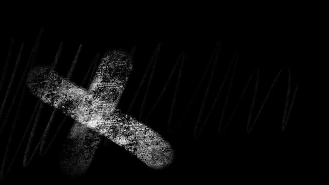 Animated grunge X mark with white crayon texture on black background. Hand drawn sketch effect featuring analog film noise, scratches and flicker. 4K motion graphic.