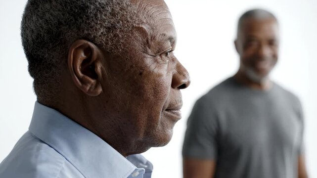 Senior African American man in thoughtful side profile with smiling younger man in soft-focus background