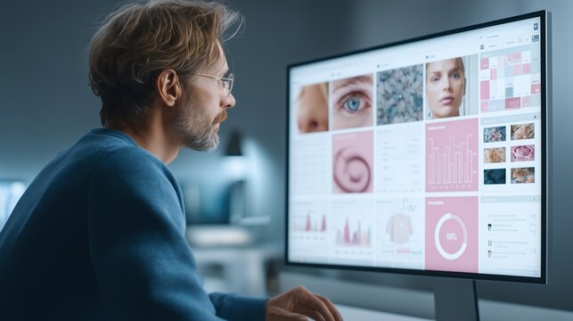 A man is working at a computer with a magazine layout. A middle-aged white man is designing pages on a monitor in the studio.