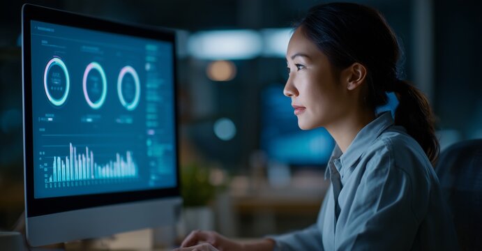 A woman is working at a computer with graphs. A young Asian woman analyzes data on a screen in an office.