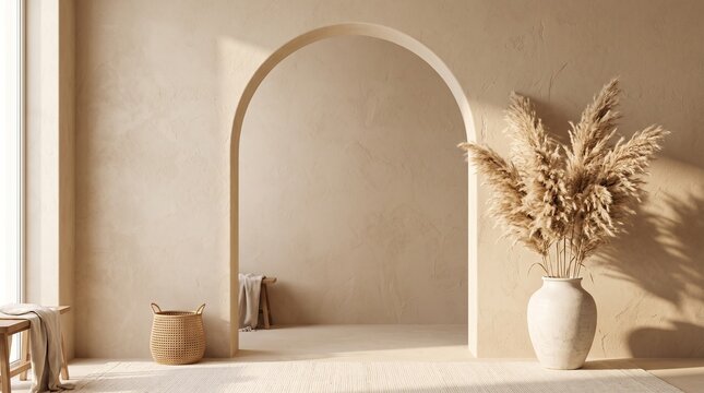 Minimalist Boho Chic Plaster Arch Background with Dried Pampas Grass