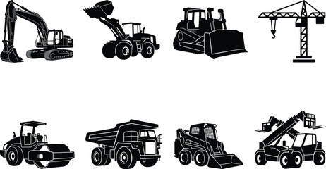 Construction Machinery Silhouette Vector Collection Featuring Excavator, Bulldozer, Crane, Dump Truck, and Heavy Equipment © Joyanti