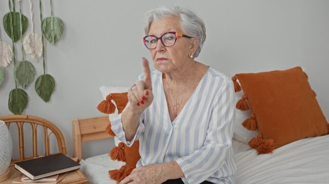Woman pointing index finger at camera while seated on bed inside a residential building, wearing glasses and striped blouse; disapproval wisdom.