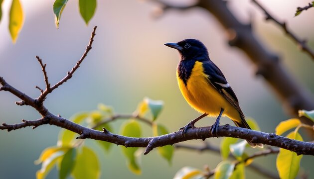 The image features a small bird perched on a thin, leafless branch of a tree. The bird has striking yellow and black plumage, with its bright yellow belly contrasting against its dark head and back