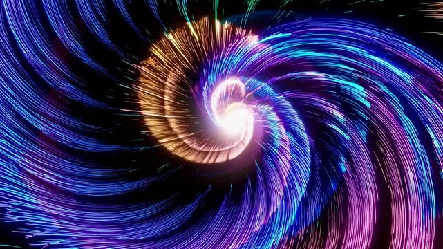 Colorful swirling light patterns in a dynamic spiral motion, transitioning from blue and purple to bright white and orange, creating a mesmerizing visual effect