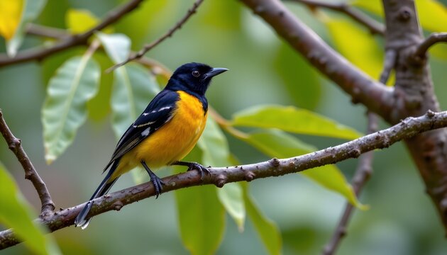 The image features a brightly colored bird perched on a slender branch amidst green foliage. The bird has a striking black head and upper body, with vivid yellow underparts and wing accents