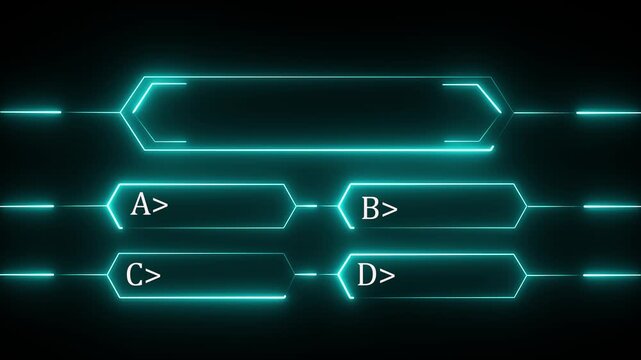 Abstract Cyan neon graphic equalizer bars with option choices a b c d and a central long bar for quiz shows or contests as a looping .