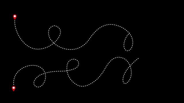 Travel line route between two points with dotted path and location pin. GPS navigation line route. travel start point to end point black background. animation 4k video