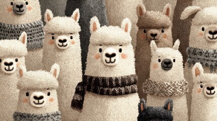 Fototapeta premium Cute and Cozy Cartoon Alpacas Wearing Scarves in a Warm Setting