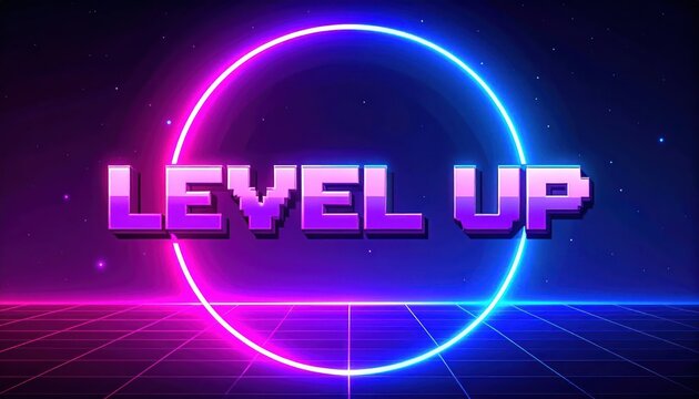 Level Up glowing text inside circular neon ring frame.