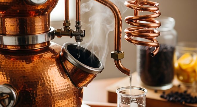 Polished Copper Distillation Apparatus Steaming in Craft Spirits Laboratory