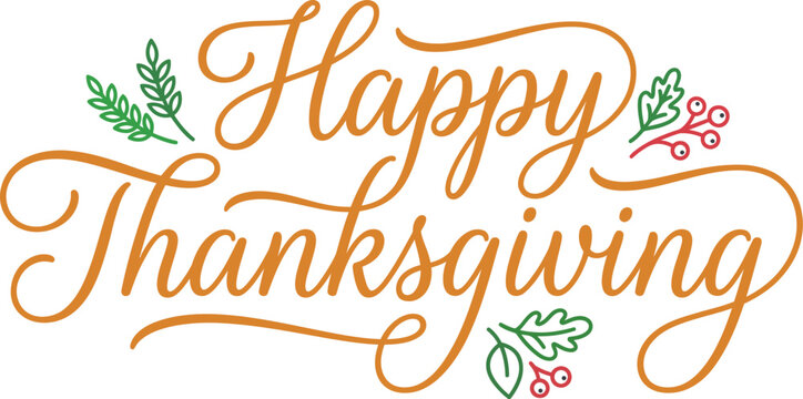 Elegant Happy Thanksgiving cursive script lettering greeting with minimalist autumn line art doodles