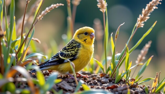 A small, vibrant yellow bird with black markings is perched on the ground amidst green grass and tall, thin stalks topped with seed heads