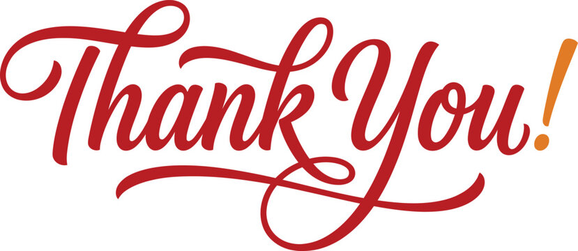 Thank you cursive calligraphy brush lettering isolated on white background with exclamation mark