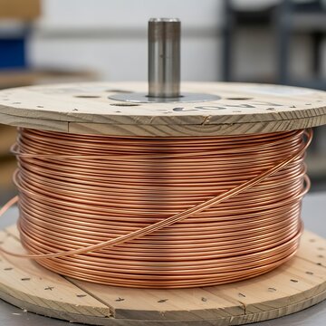 Large Copper Wire Spool Resting on Wooden Reel in Industrial Workshop