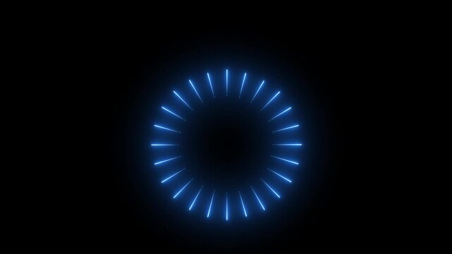 glowing Neon blue circle burst icon animation on black background. Circle Burst icon Animation. neon blast and circle burst explosion, stylist line burst Explosive fireworks .