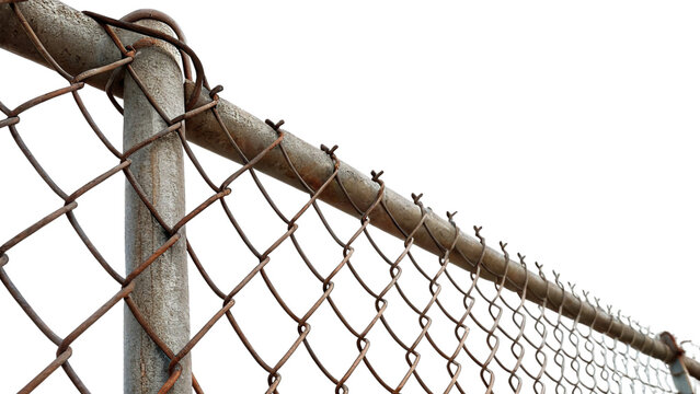 Metallic chain link fence security border wire isolated on transparent background