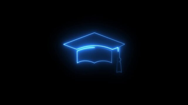 glowing neon graduation cap icon animation on black background. Graduation hat with tassel icon. student graduation