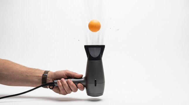 Bernoulli principle physics experiment with hairdryer and floating ping pong ball