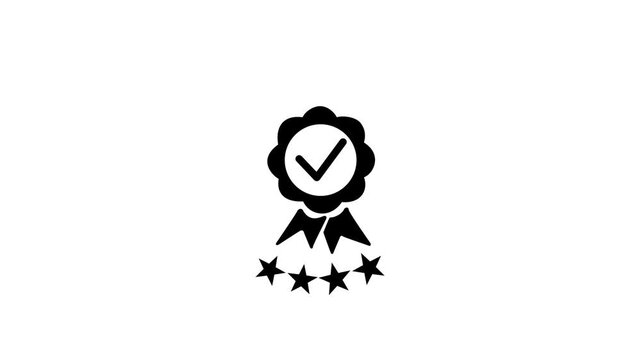 usinessman presenting quality assurance badge with four star rating and approval check mark above customer satisfaction, service white background. animation 4k video
