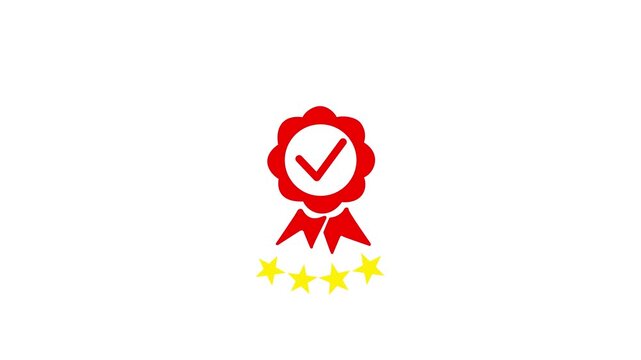 usinessman presenting quality assurance badge with four star rating and approval check mark above customer satisfaction, service white background. animation 4k video