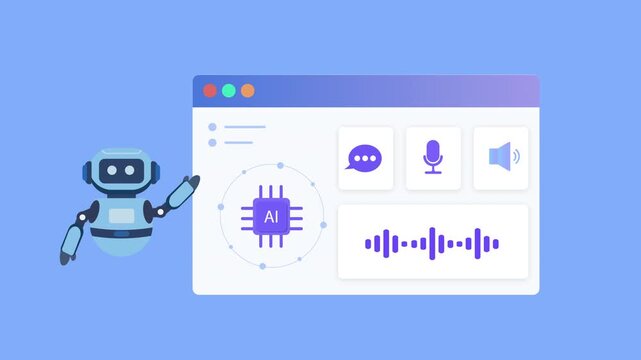 Modern flat vector animation of an AI voice assistant dashboard with speech recognition, audio waveform visualization, microphone controls, and communication interface. Ideal for artificial intelligen