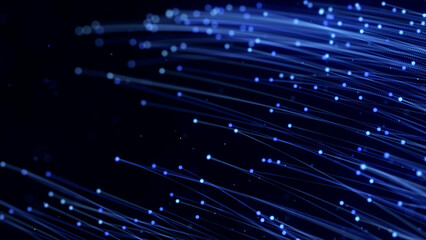 Flowing blue light trails with particles for big data speed, network technology and digital communication background. © Vooper