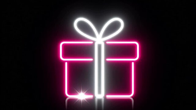Glowing pink and white neon gift box sign with a bright sparkle and reflection on a black background, perfect for holiday and celebration promotions.