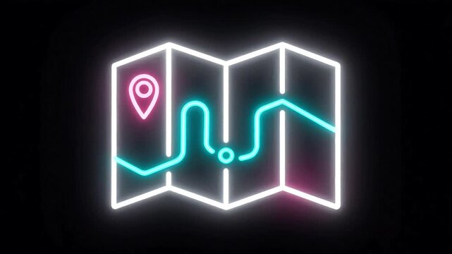Glowing neon sign of a folded map with a cyan path and pink pin, illuminating against a dark background, perfect for navigation and travel concepts.