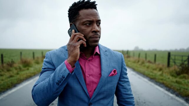 Confident Black businessman in blue suit walking on wet rural road while talking on phone
