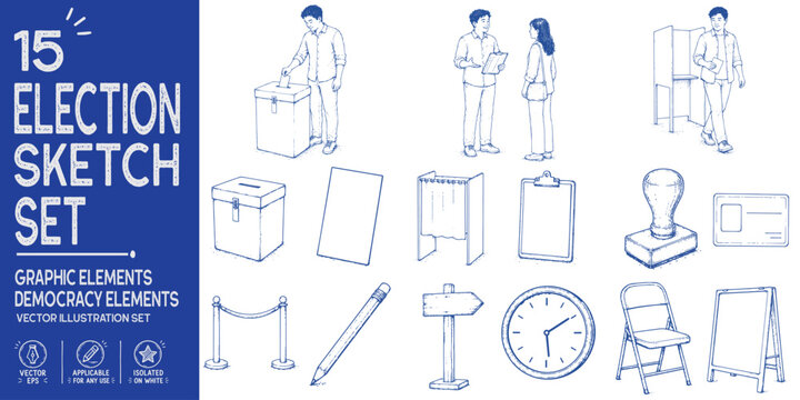 Election sketch collection. Hand drawn voting process elements. Ballot box, voter, polling booth, election officer, democracy. Trendy vector set