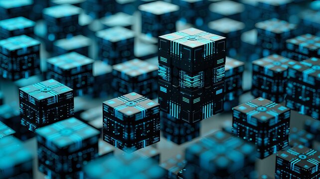 Futuristic glowing blue circuit cubes array technology