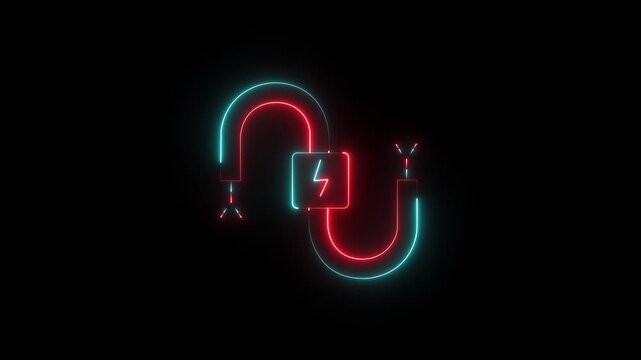 glowing red blue electric power cord symbol with lightning bolt icon on a dark black background representing energy connection and technology animation 4k video