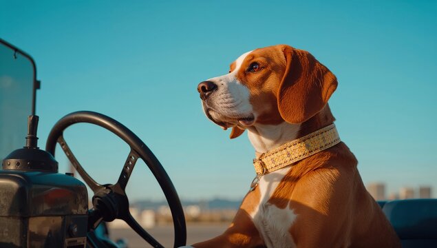A dog with a golden-brown coat sitting confidently at the steering wheel of an old-fashioned automobile against a clear blue sky