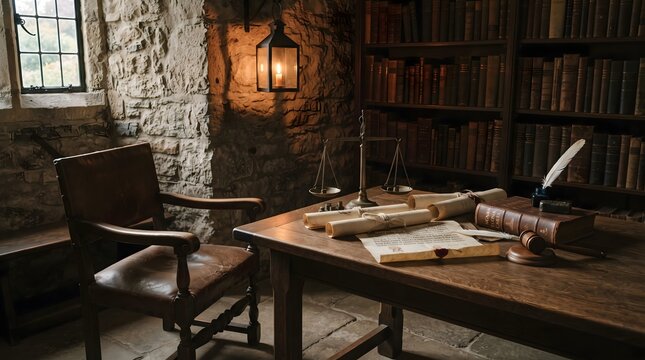 Old medieval library room with antique wooden desk, quill and scrolls