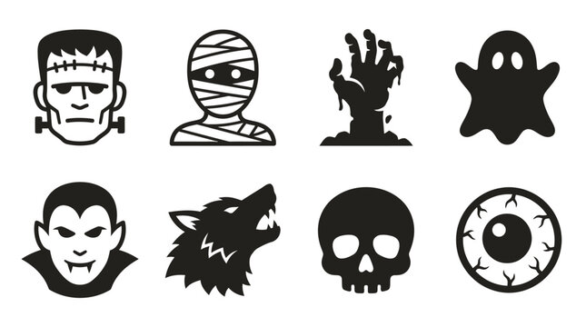Halloween monster and spooky creature icon set