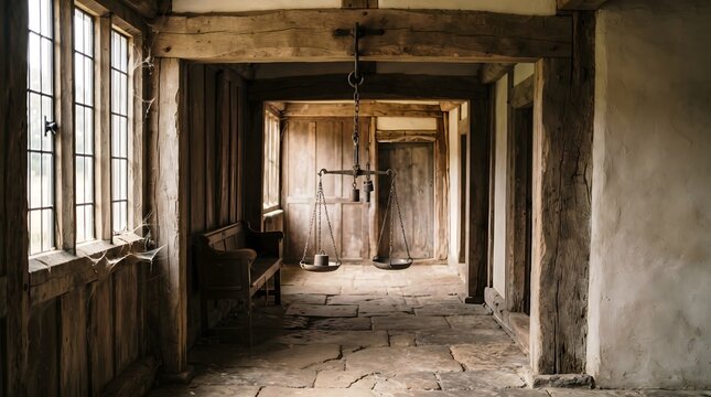 Rustic Interior of a Historic Tudor Era Timber Framed Hallway with Stone Floor