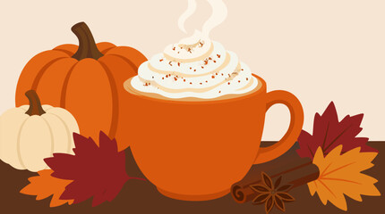 Steaming pumpkin spice latte in bright orange mug topped with whipped cream and cinnamon, surrounded by pumpkins, maple leaves and warm autumn spices, cozy flat vector seasonal cafe illustration © MstBalaza