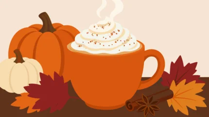 Steaming pumpkin spice latte in bright orange mug topped with whipped cream and cinnamon, surrounded by pumpkins, maple leaves and warm autumn spices, cozy flat vector seasonal cafe illustration © MstBalaza