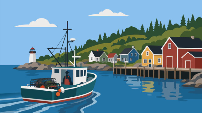 Fishing boat returning to quiet coastal harbor lined with colorful cottages, lighthouse, forested hills, and calm reflections, vector illustration of seaside village travel scene and maritime charm